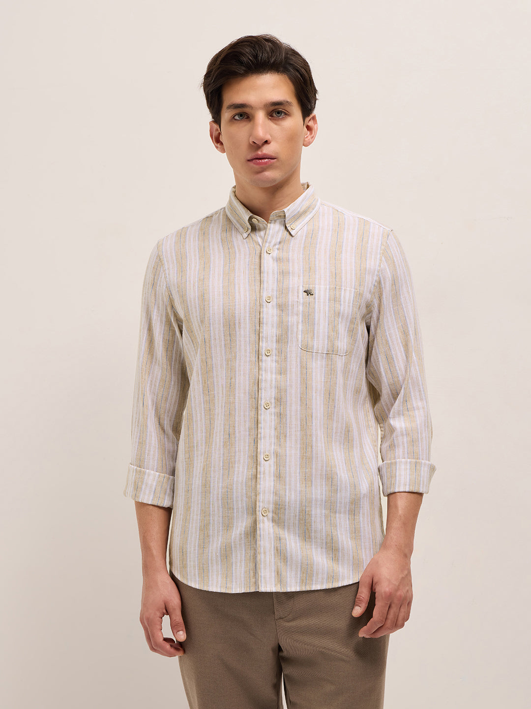 beige with white vertical stripes slim fit casual shirt beige with white vertical stripes slim fit casual shirt