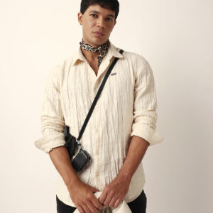 cream textured woven self design slim fit casual shirt