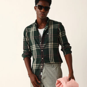 dark green windowpane checked slim fit woven casual shirt