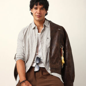 grey & white vertical woven pinstriped slim fit casual shirt