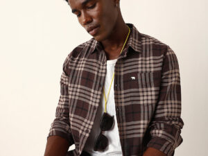 brown woven check slim fit casual shirt
