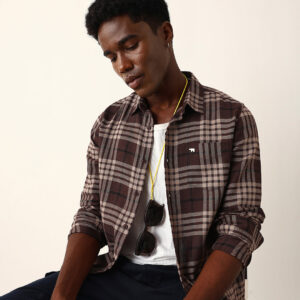 brown woven check slim fit casual shirt