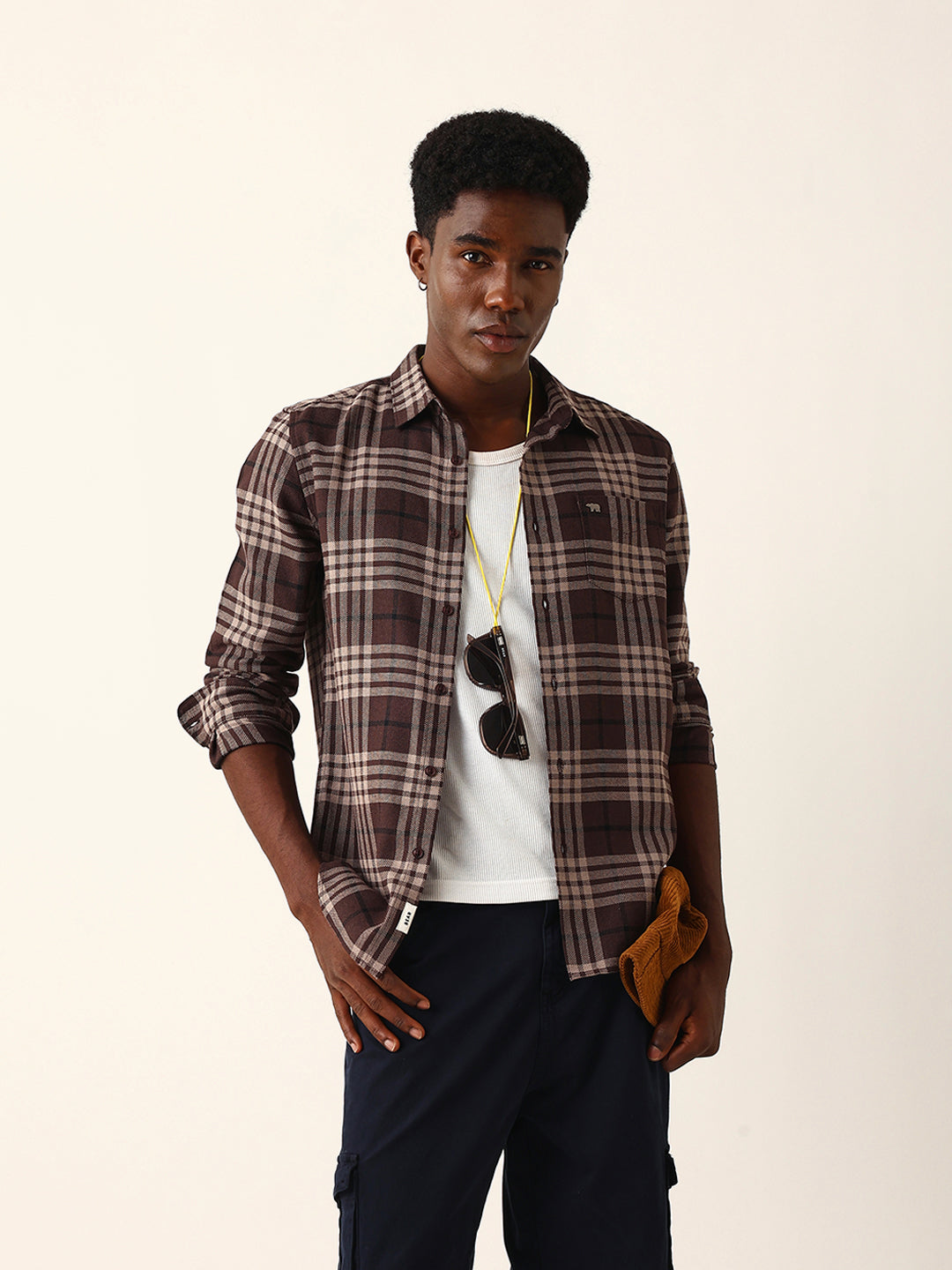 brown woven check slim fit casual shirt brown woven check slim fit casual shirt