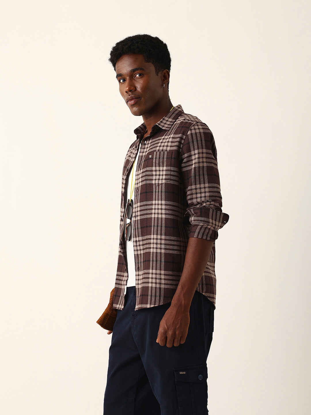 brown woven check slim fit casual shirt brown woven check slim fit casual shirt