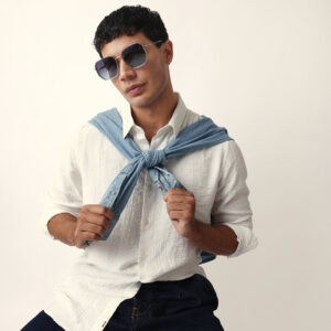 white crinkle textured slim fit casual shirt
