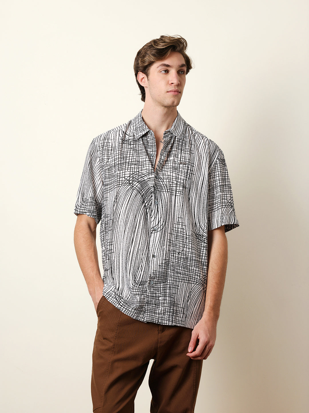 white & black abstract line print relax fit casual shirt white & black abstract line print relax fit casual shirt
