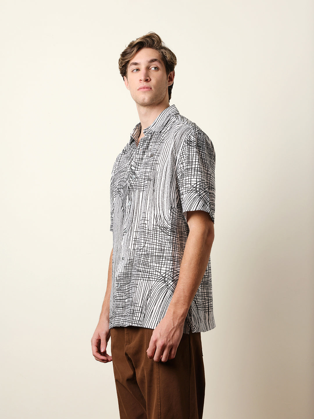 white & black abstract line print relax fit casual shirt white & black abstract line print relax fit casual shirt