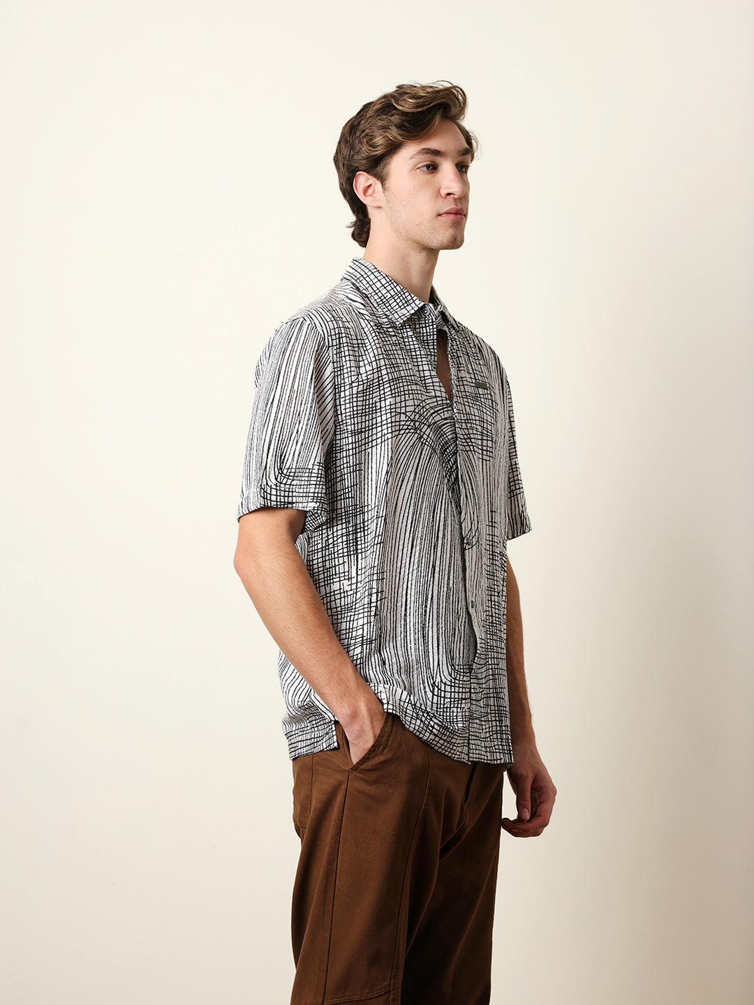 white & black abstract line print relax fit casual shirt white & black abstract line print relax fit casual shirt