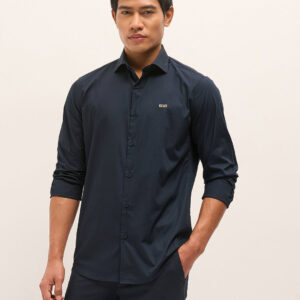 navy solid tailored fit cotton formal shirt with metallic logo branding