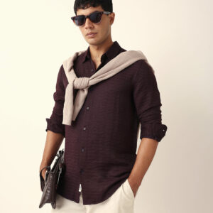 deep maroon crinkle textured slim fit casual shirt