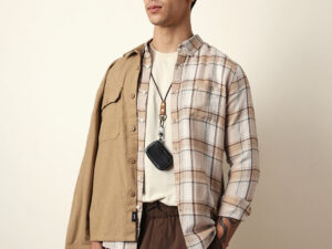 beige textured woven check slim fit casual shirt