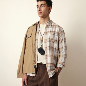 beige textured woven check slim fit casual shirt
