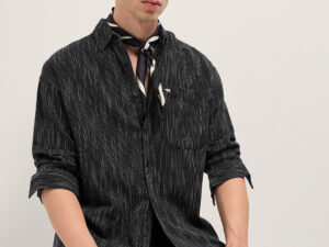 black woven pinstripe relaxed fit overshirt