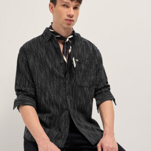 black woven pinstripe relaxed fit overshirt