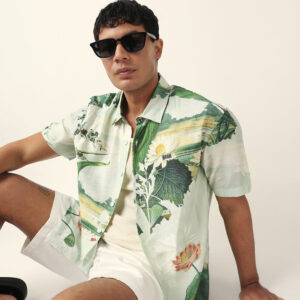 mint green tropical lotus garden printed relaxed fit short sleeve shirt