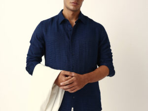 blue crinkle textured slim fit casual shirt