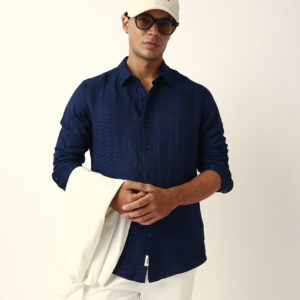 blue crinkle textured slim fit casual shirt