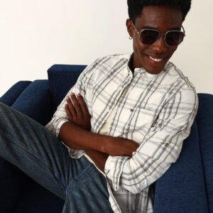 cream woven tartan checked slim fit casual shirt