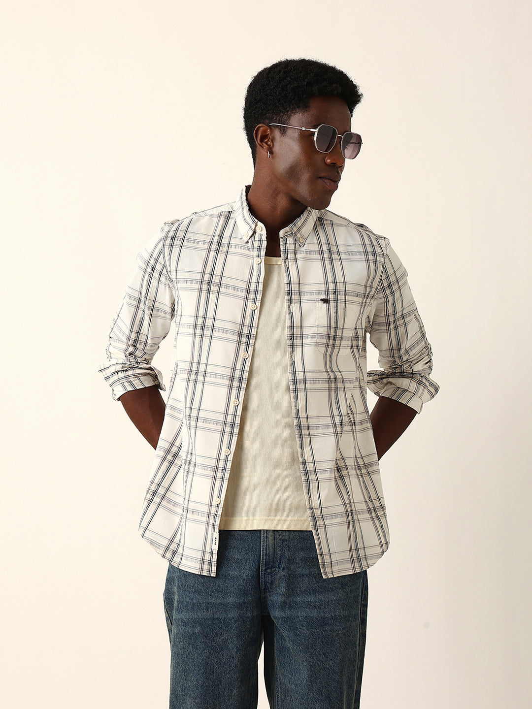 cream woven tartan checked slim fit casual shirt cream woven tartan checked slim fit casual shirt