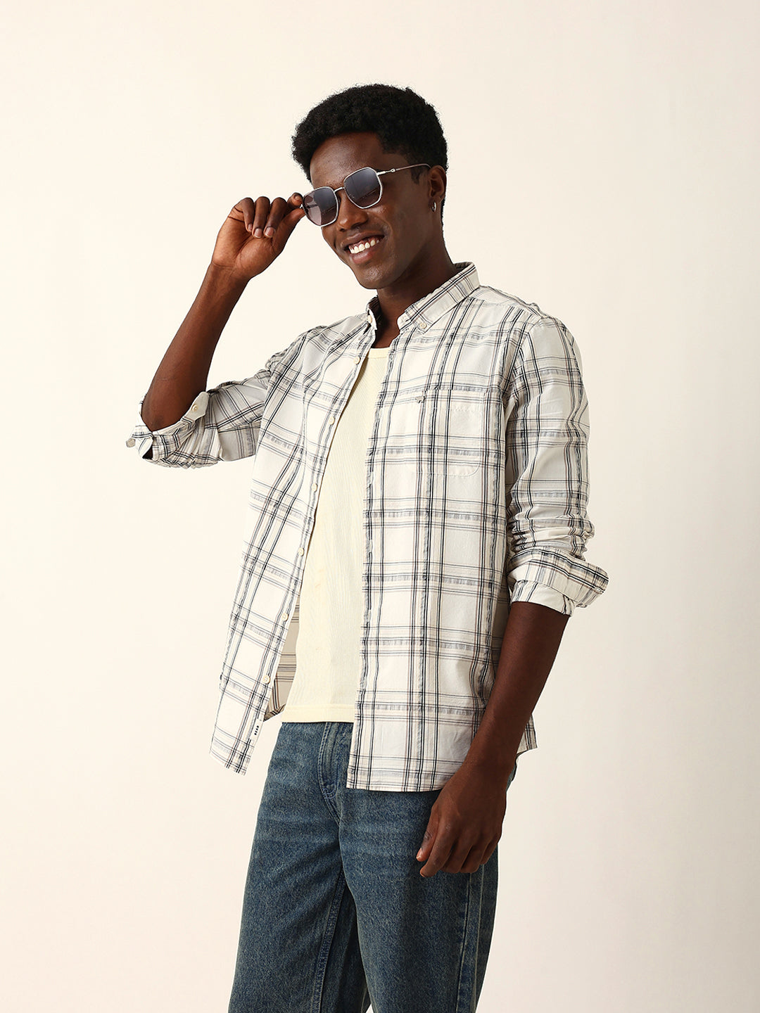 cream woven tartan checked slim fit casual shirt cream woven tartan checked slim fit casual shirt