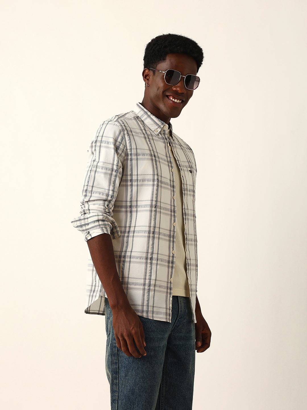 cream woven tartan checked slim fit casual shirt cream woven tartan checked slim fit casual shirt
