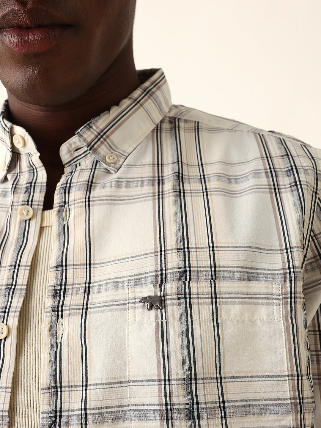 cream woven tartan checked slim fit casual shirt cream woven tartan checked slim fit casual shirt