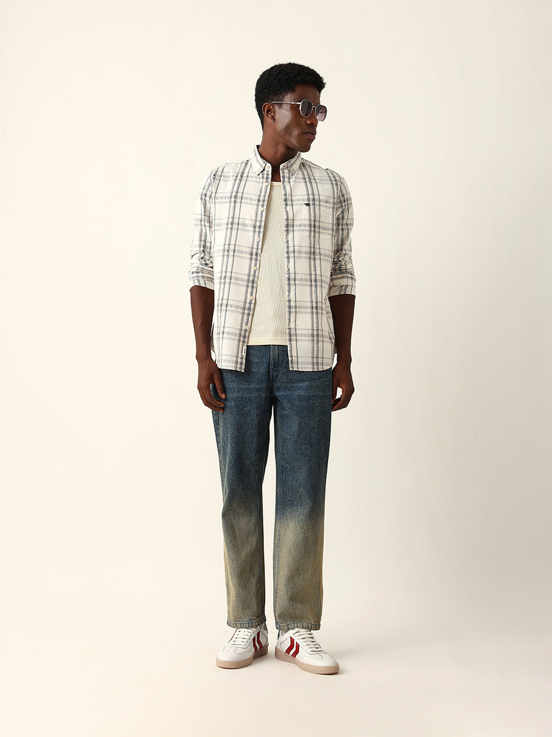 cream woven tartan checked slim fit casual shirt cream woven tartan checked slim fit casual shirt