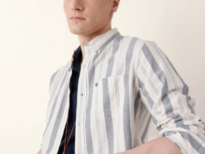 blue with white woven vertical stripes slim fit casual shirt