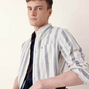 blue with white woven vertical stripes slim fit casual shirt