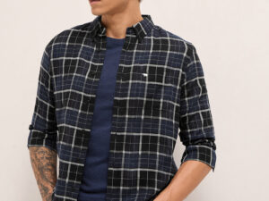 blue & black woven check slim fit casual shirt