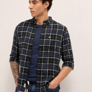 blue & black woven check slim fit casual shirt