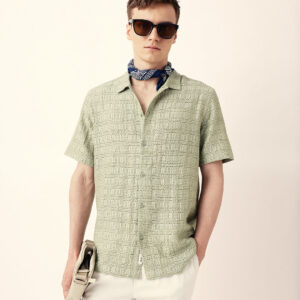 light green textured geometric relaxed fit casual half sleeve shirt