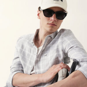 grey herringbone checked slim fit casual shirt