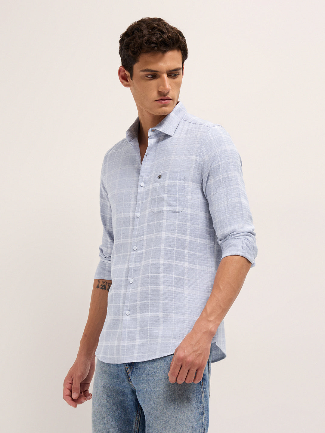 blue herringbone check slim fit casual shirt blue herringbone check slim fit casual shirt
