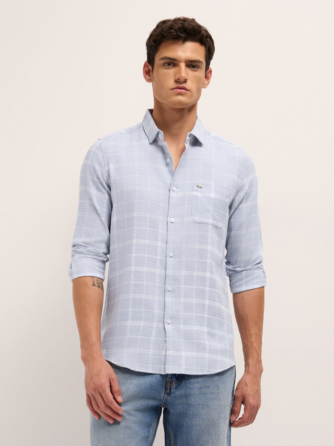 blue herringbone check slim fit casual shirt blue herringbone check slim fit casual shirt