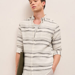 grey slim fit casual shirt with woven horizontal textured stripes