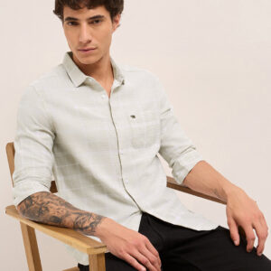 cream herringbone check slim fit casual shirt