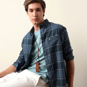 teal green regular fit checked flannel casual shirt