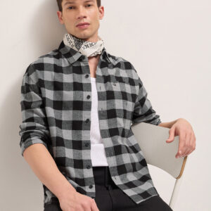 black & grey woven block checks flannel relaxed fit casual shirt