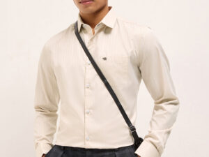 beige herringbone striped tailored fit formal shirt with french cuffs