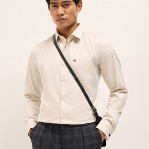 beige herringbone striped tailored fit formal shirt with french cuffs