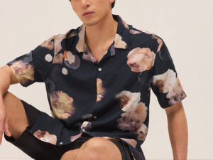 black abstract floral print relaxed fit cuban collar casual shirt