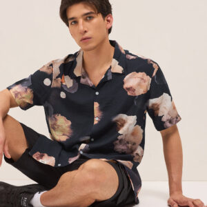 black abstract floral print relaxed fit cuban collar casual shirt