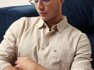 beige vertical striped slim fit casual shirt with textured stitch detailing