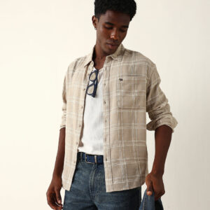 cream woven textured checked relax fit overshirt