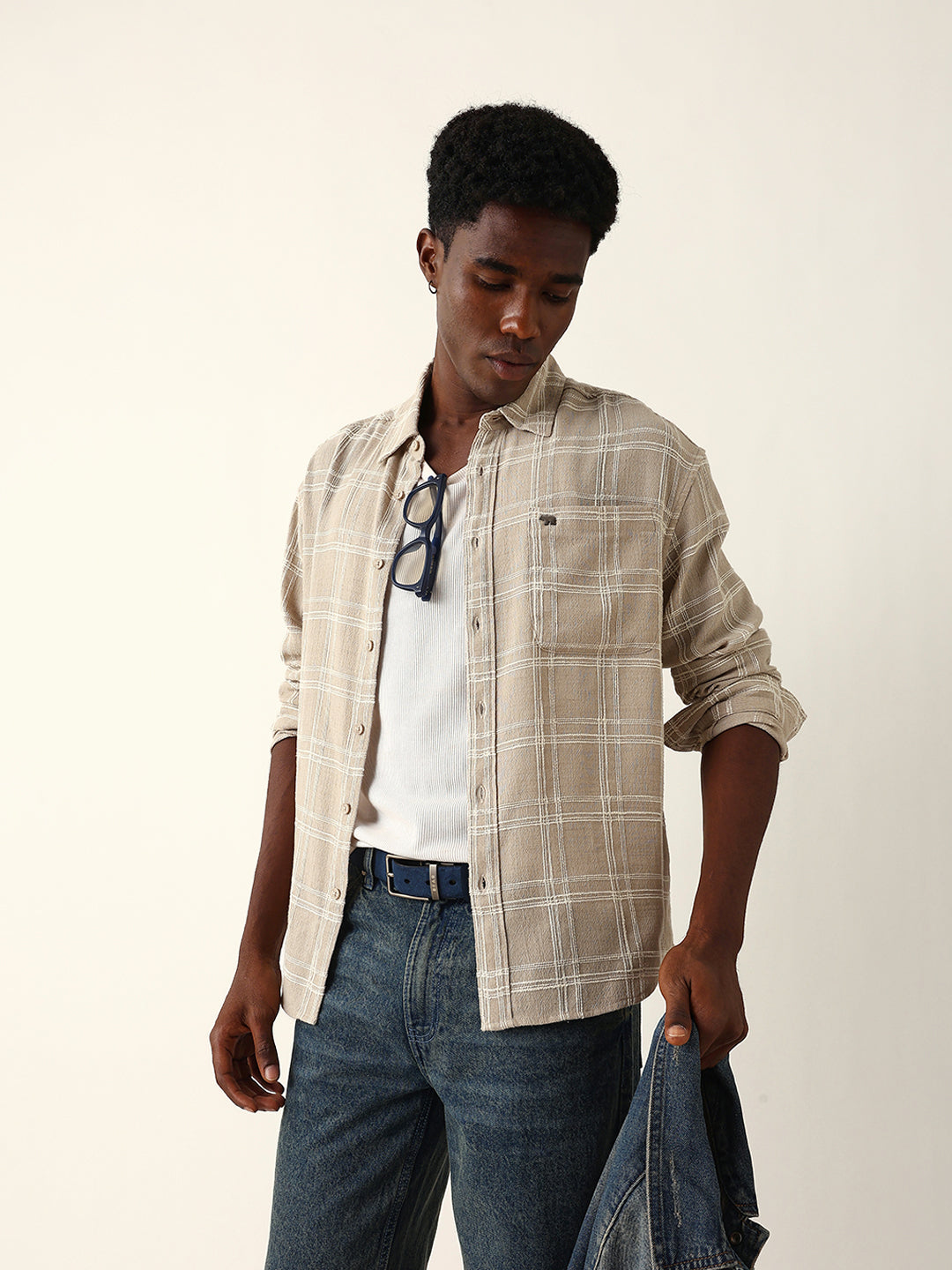 cream woven textured checked relax fit overshirt cream woven textured checked relax fit overshirt
