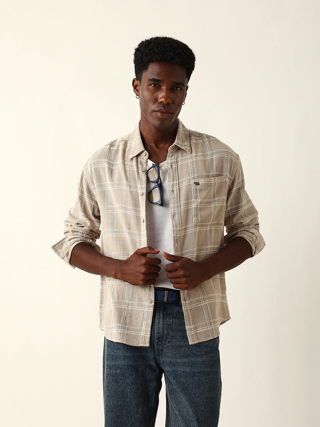 cream woven textured checked relax fit overshirt cream woven textured checked relax fit overshirt