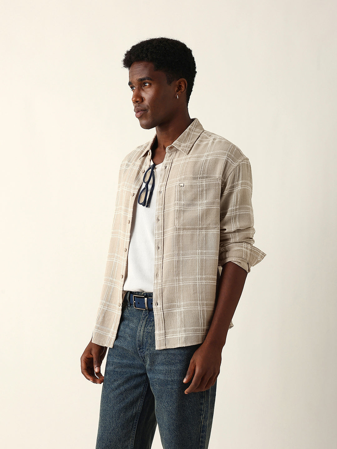 cream woven textured checked relax fit overshirt cream woven textured checked relax fit overshirt