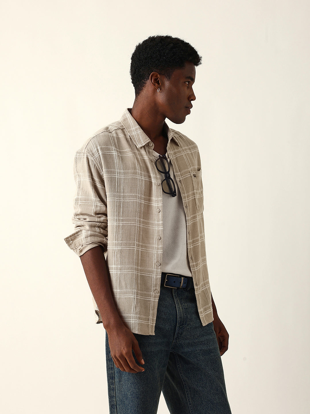 cream woven textured checked relax fit overshirt cream woven textured checked relax fit overshirt