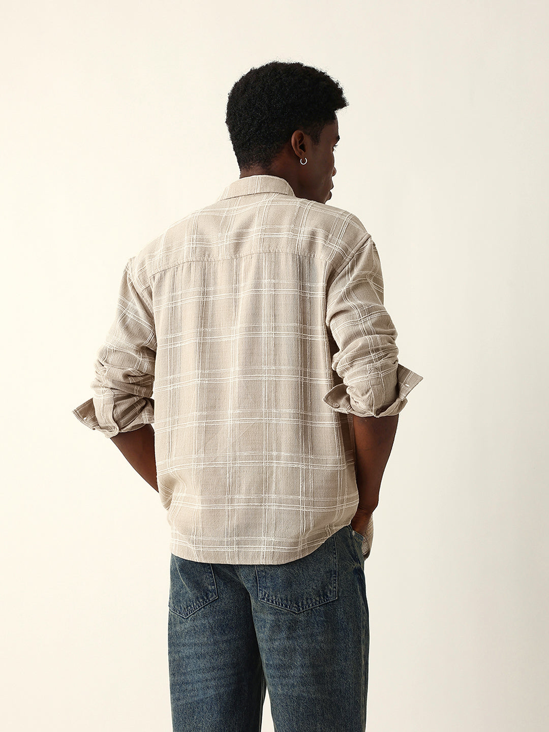 cream woven textured checked relax fit overshirt cream woven textured checked relax fit overshirt